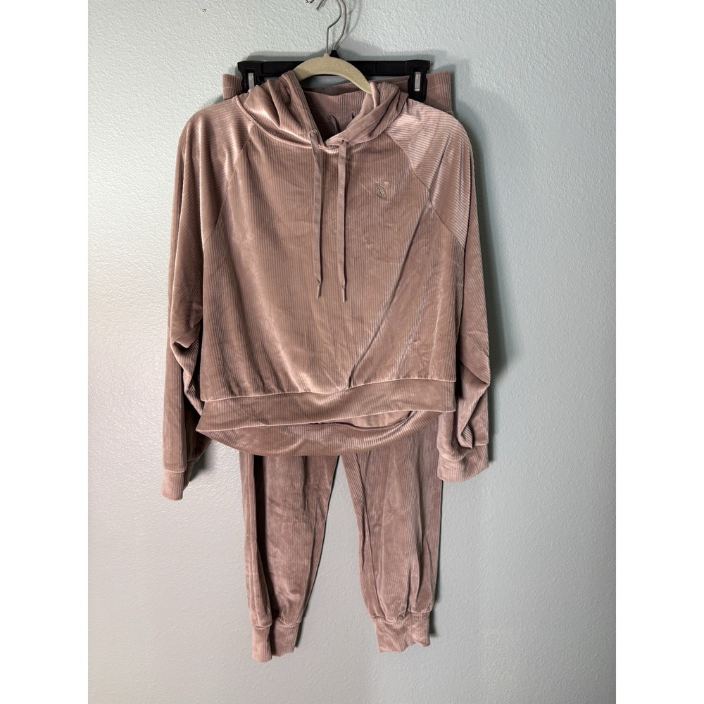 Victorias Secret Ribbed Velour Tracksuit Set Cropped Hoodie‎ Joggers Mauve M